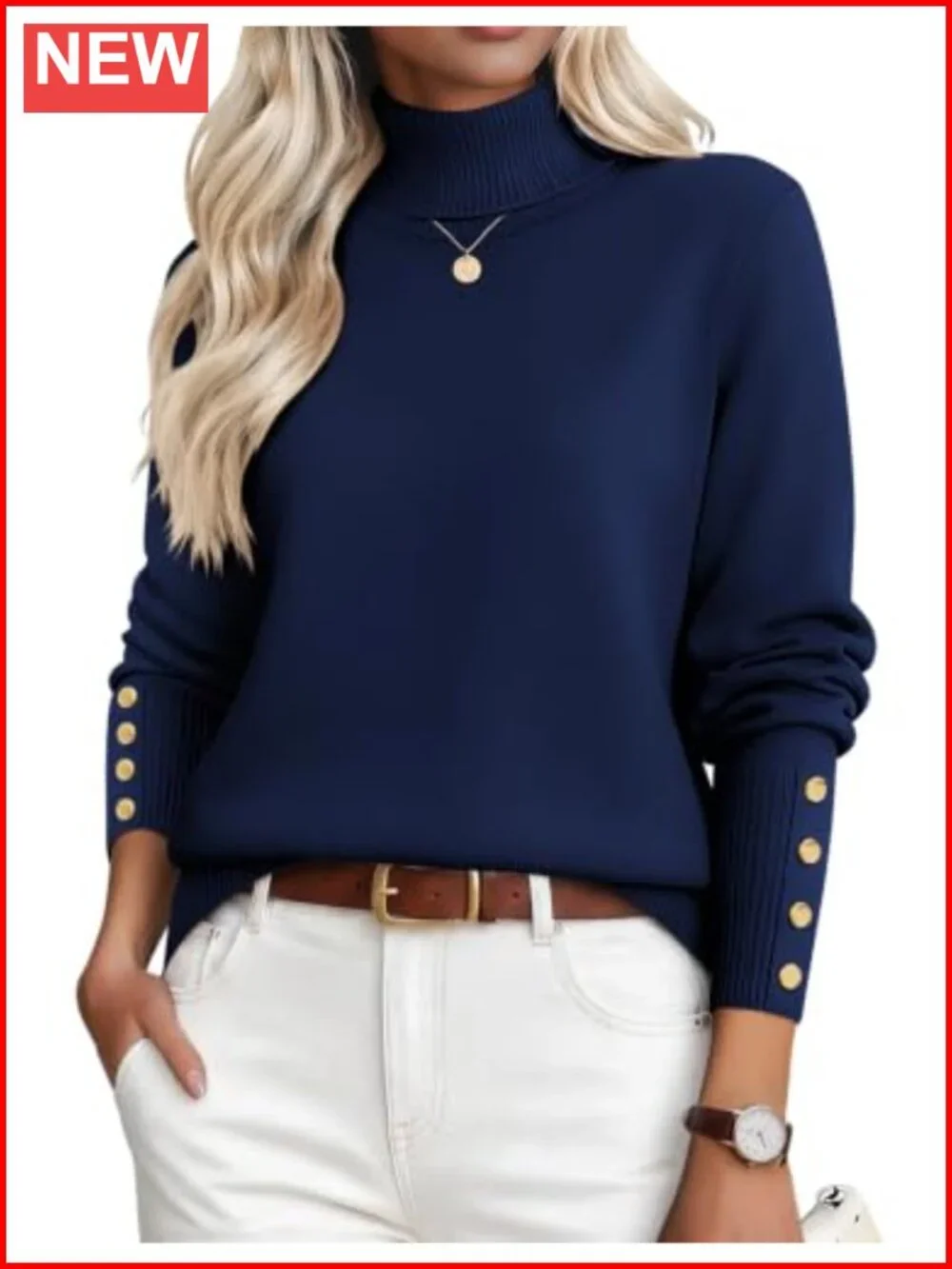 Womens Turtleneck Sweater Long Sleeve Button Cuff Knit Pullover Fall Winter Top
